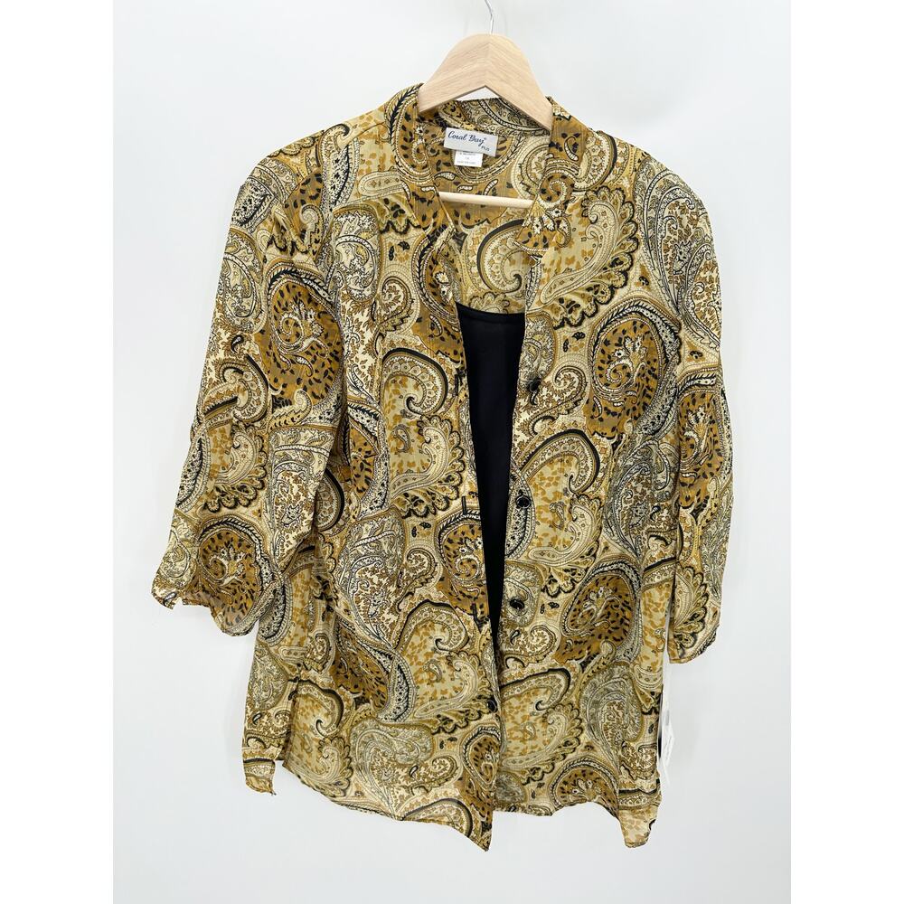 Coral Bay Yellow Black Golden Paisley Two-fer Blouse Built In Top Women 1X NWT